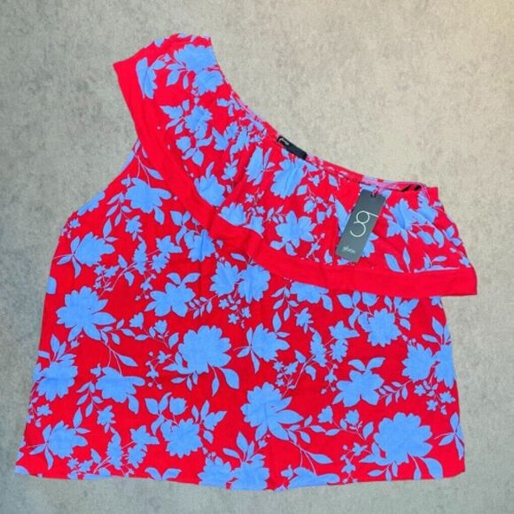 Gibson Womens Blouse Size 1X Red Floral One Shoulder Slim Ruffle Peplum Top NEW! - Picture 1 of 12